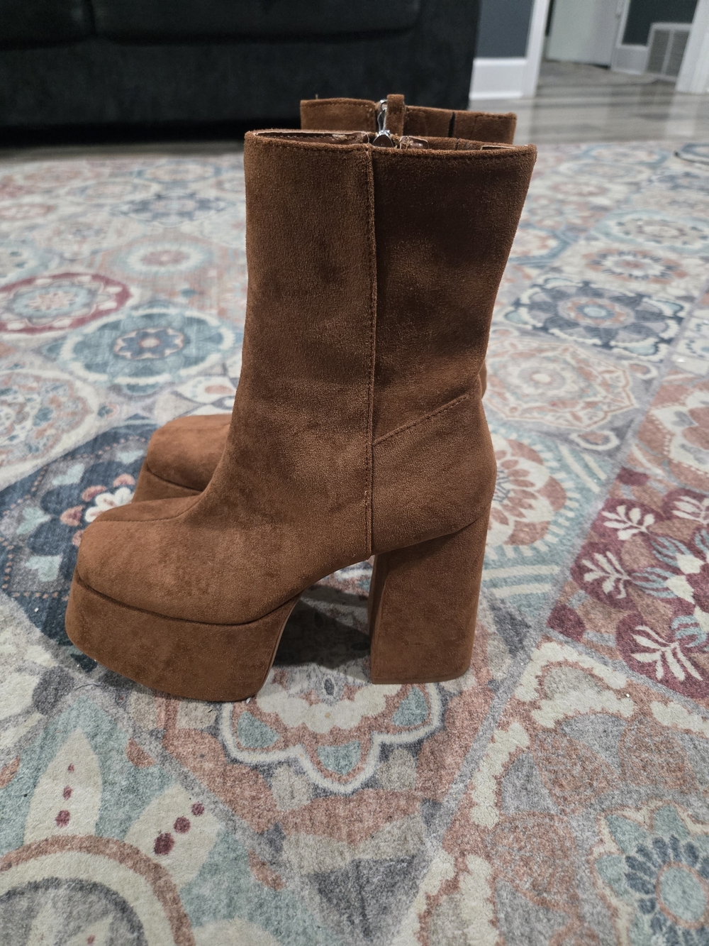 Women's Brown Suede Platform Block Heel Ankle Boots